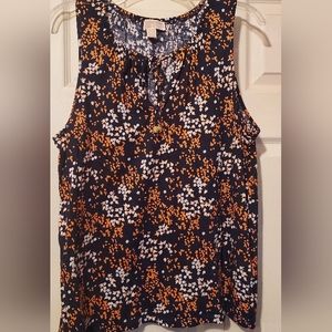 Michael Kors Blouse Navy Orange Floral Stretch Drawstring Neck Sleeveless Large